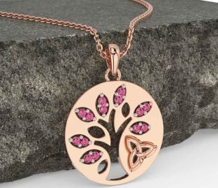 Pink Tourmaline Rose Gold Celtic Tree of Life Trinity Knot Necklace