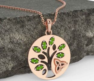 Peridot Reste sig Guld Keltiskt Träd av Liv Treenighet Knut Halsband