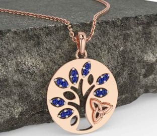Sapphire Rose Gold Celtic Tree of Life Trinity Knot Necklace