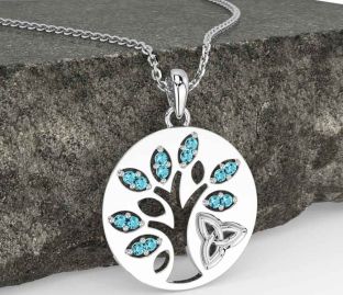 Aquamarine Silver Celtic Tree of Life Trinity Knot Necklace