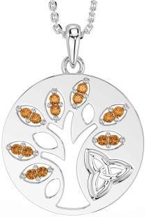 Citrine Silver Celtic Tree of Life Trinity Knot Necklace