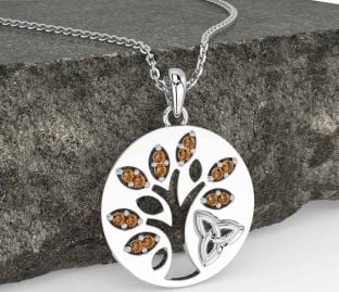 Citrine Silver Celtic Tree of Life Trinity Knot Necklace