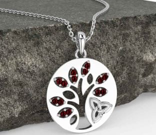 Garnet Silver Celtic Tree of Life Trinity Knot Necklace