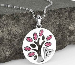 Pink Tourmaline Silver Celtic Tree of Life Trinity Knot Necklace