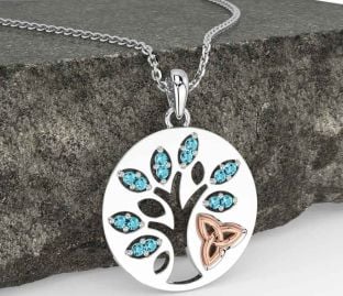 Aquamarine Rose Gold Silver Celtic Tree of Life Trinity Knot Necklace