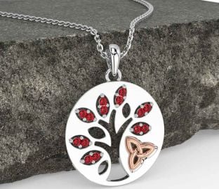 Ruby Rose Gold Silver Celtic Tree of Life Trinity Knot Necklace