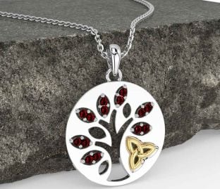 Garnet Gold Silver Celtic Tree of Life Trinity Knot Necklace