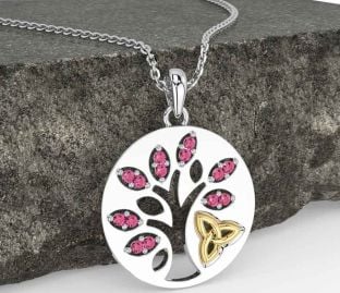 Pink Tourmaline Gold Silver Celtic Tree of Life Trinity Knot Necklace