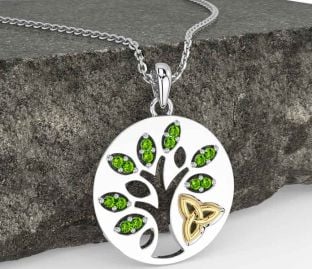 Peridot Guld Silver Keltiskt Träd av Liv Treenighet Knut Halsband