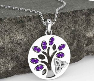 Amethyst White Gold Celtic Tree of Life Trinity Knot Necklace