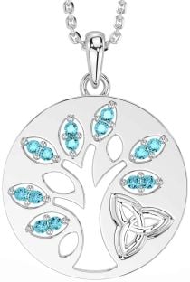 Aquamarine White Gold Celtic Tree of Life Trinity Knot Necklace