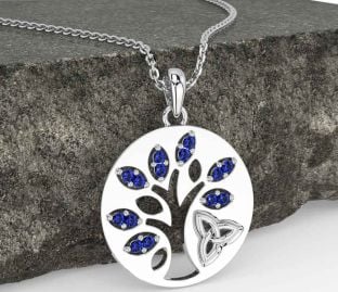 Sapphire White Gold Celtic Tree of Life Trinity Knot Necklace