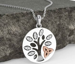 Diamond White Rose Gold Celtic Tree of Life Trinity Knot Necklace