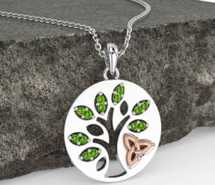 Peridot Vit Reste sig Guld Keltiskt Träd av Liv Treenighet Knut Halsband