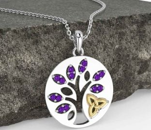 Amethyst White Yellow Gold Celtic Tree of Life Trinity Knot Necklace