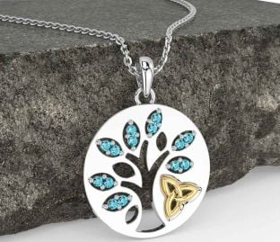 Aquamarine White Yellow Gold Celtic Tree of Life Trinity Knot Necklace