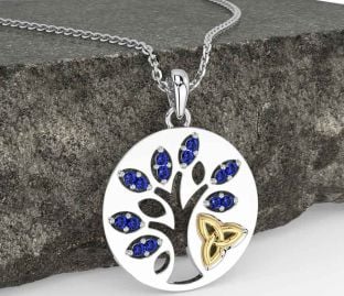 Sapphire White Yellow Gold Celtic Tree of Life Trinity Knot Necklace