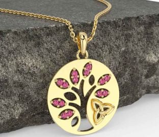 Pink Tourmaline Gold Celtic Tree of Life Trinity Knot Necklace