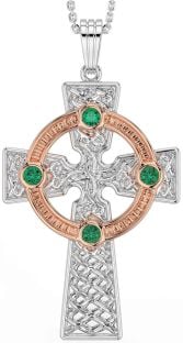 Emerald Rose Gold Silver Celtic Cross Necklace