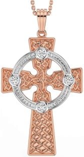 Diamond Rose Gold Silver Celtic Cross Necklace