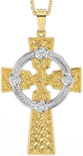 Diamond Gold Silver Celtic Cross Necklace