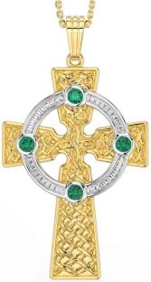 Emerald Gold Silver Celtic Cross Necklace