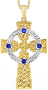 Sapphire Gold Silver Celtic Cross Necklace