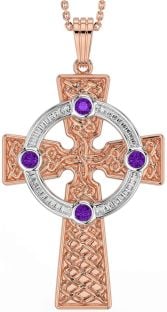 Amethyst White Rose Gold Celtic Cross Necklace