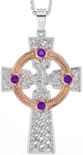 Amethyst Rose Gold Silver Celtic Cross Necklace