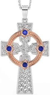 Sapphire Rose Gold Silver Celtic Cross Necklace