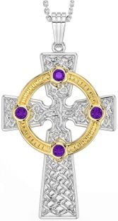 Amethyst Gold Silver Celtic Cross Necklace