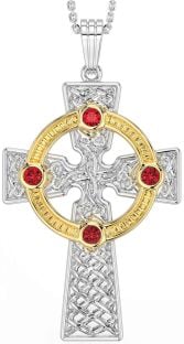 Ruby Gold Silver Celtic Cross Necklace