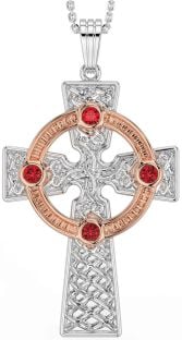 Ruby White Rose Gold Celtic Cross Necklace