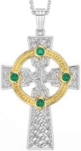 Emerald White Yellow Gold Celtic Cross Necklace