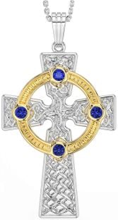 Sapphire White Yellow Gold Celtic Cross Necklace