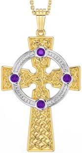 Amethyst White Yellow Gold Celtic Cross Necklace