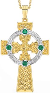 Emerald White Yellow Gold Celtic Cross Necklace