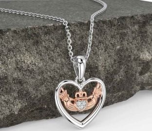Diamond Rose Gold Silver Claddagh Heart Necklace