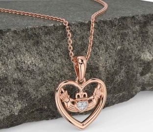Diamond Rose Gold Silver Claddagh Heart Necklace
