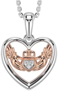 Diamant Reste sig Guld Silver Claddagh Hjärta Halsband