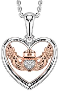 Diamond White Rose Gold Claddagh Heart Necklace