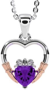 Diamond Amethyst Rose Gold Silver Claddagh Heart Necklace