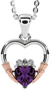 Diamond Alexandrite Rose Gold Silver Claddagh Heart Necklace