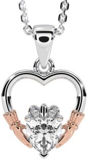 Diamond Rose Gold Silver Claddagh Heart Necklace