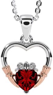 Diamond Garnet Rose Gold Silver Claddagh Heart Necklace