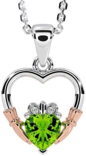 Diamond Peridot Rose Gold Silver Claddagh Heart Necklace