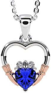 Diamond Sapphire Rose Gold Silver Claddagh Heart Necklace