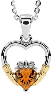 Diamond Citrine Gold Silver Claddagh Heart Necklace