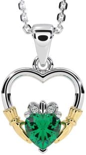 Diamond Emerald Gold Silver Claddagh Heart Necklace