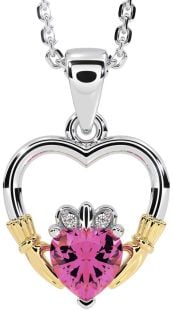 Diamond Pink Tourmaline Gold Silver Claddagh Heart Necklace